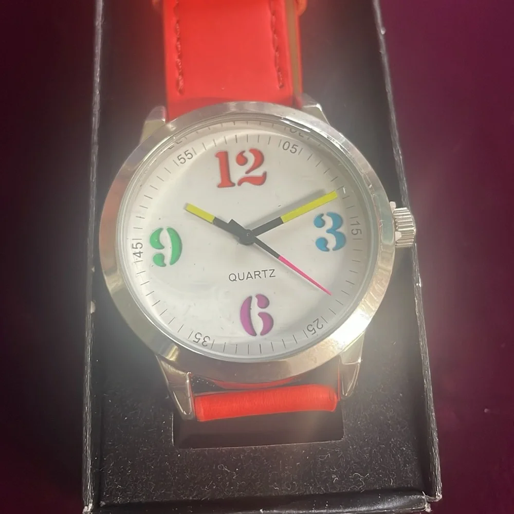 Novelty Watch Silver Tone Case‎ Red Band Colorful Numbers Quartz Movement